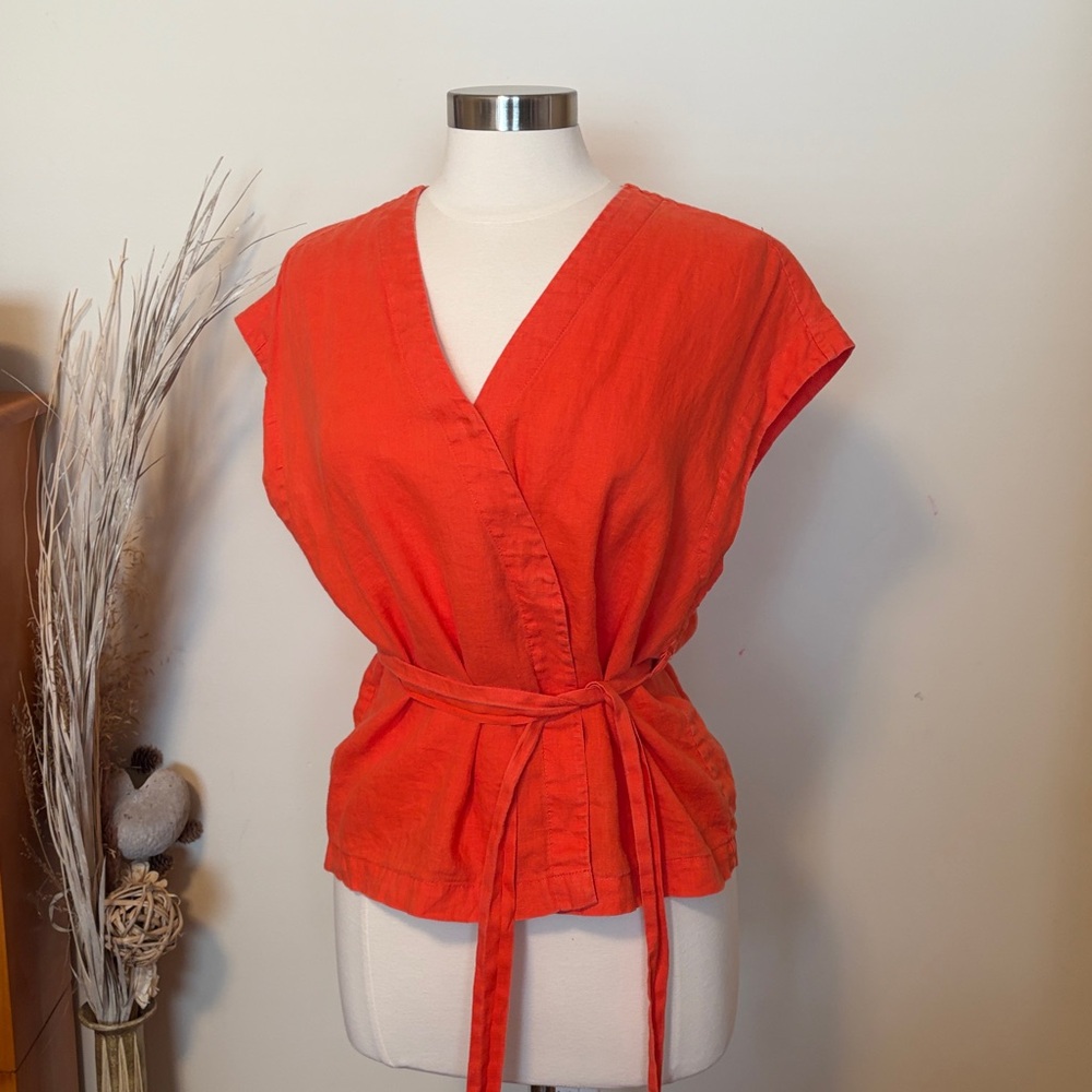 Pure Navy Linen Wrap-Style Orange Blouse - Picture 2 of 7